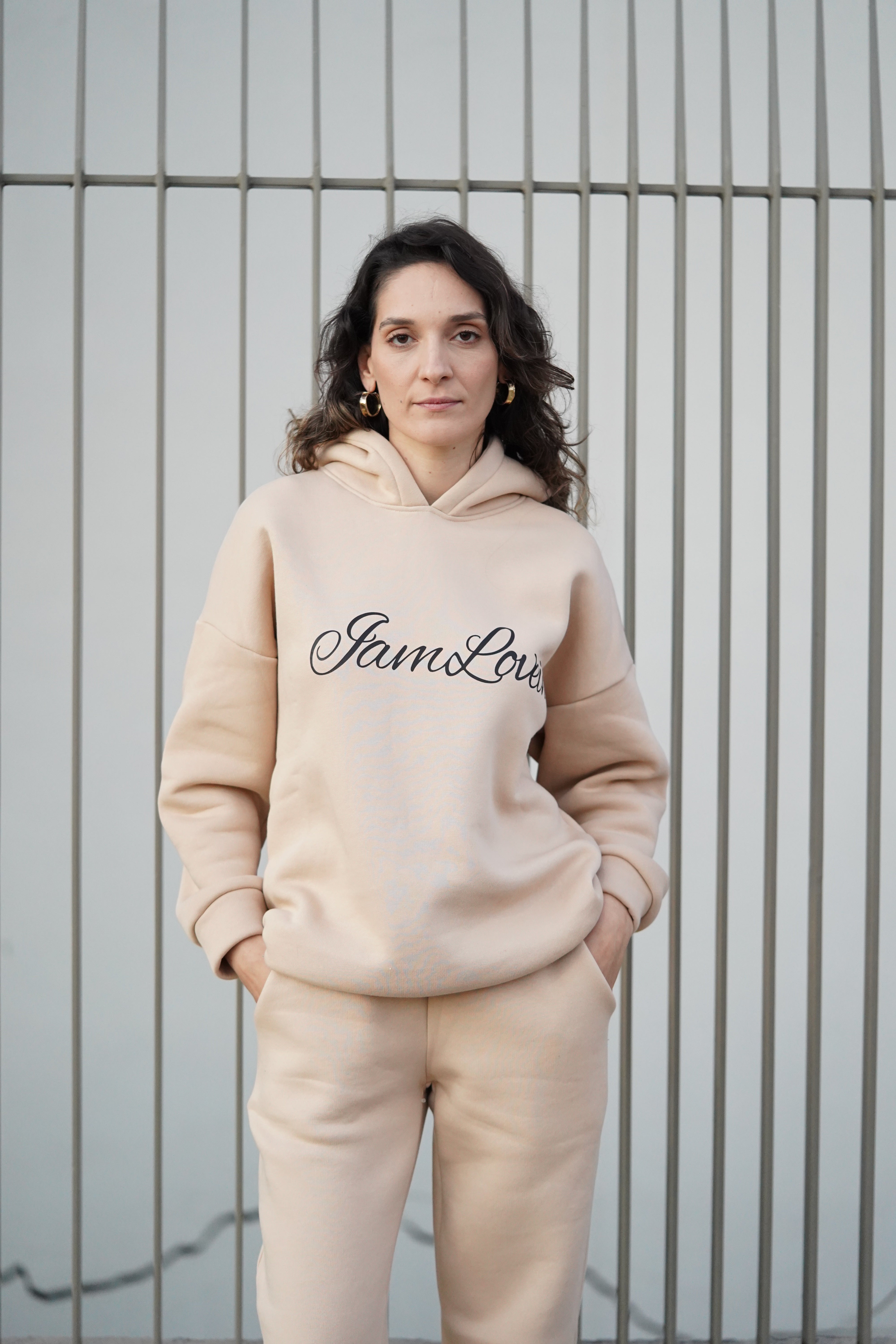 Krem Kapişonlu Eşofman Üstü