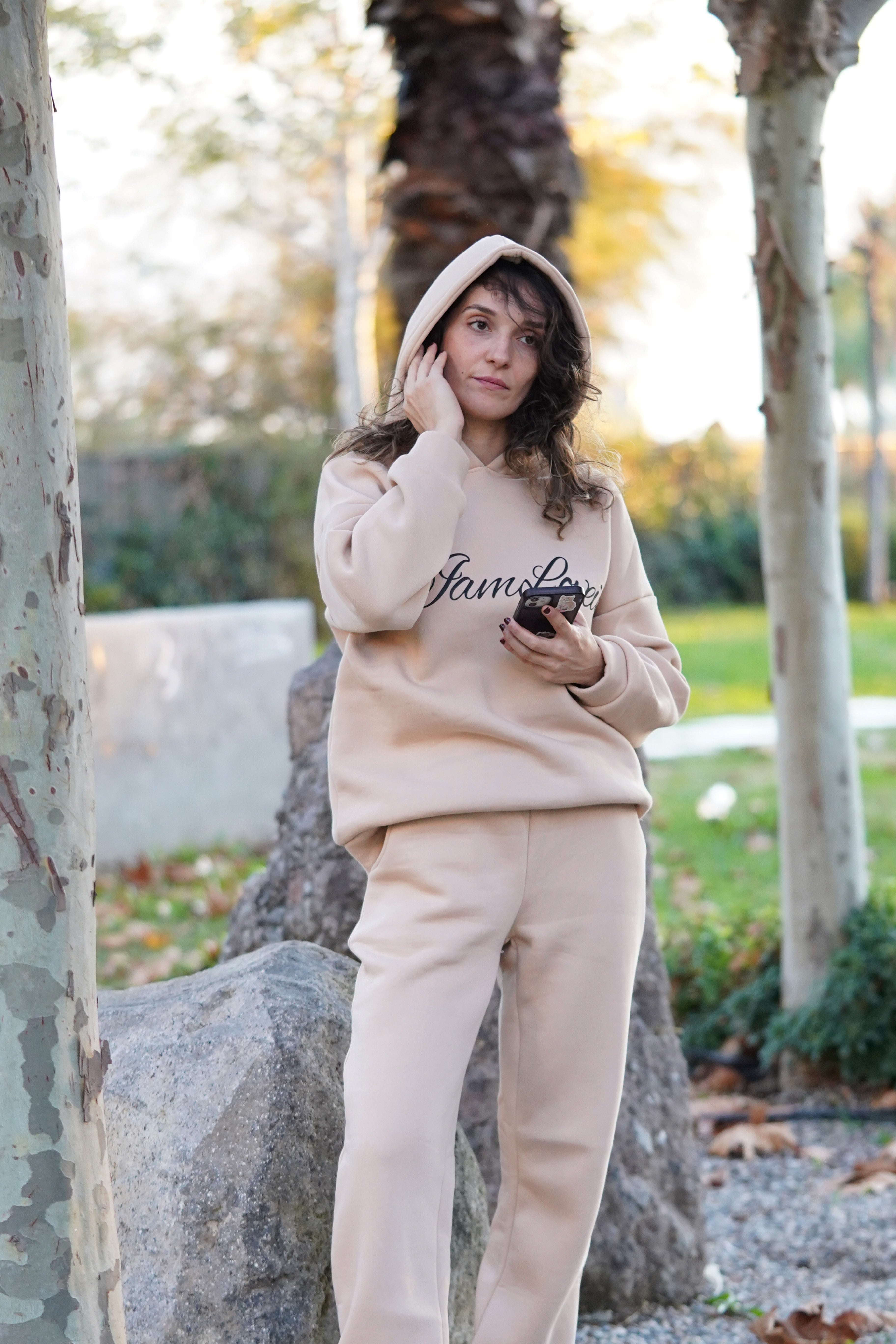 Krem Kapişonlu Eşofman Üstü